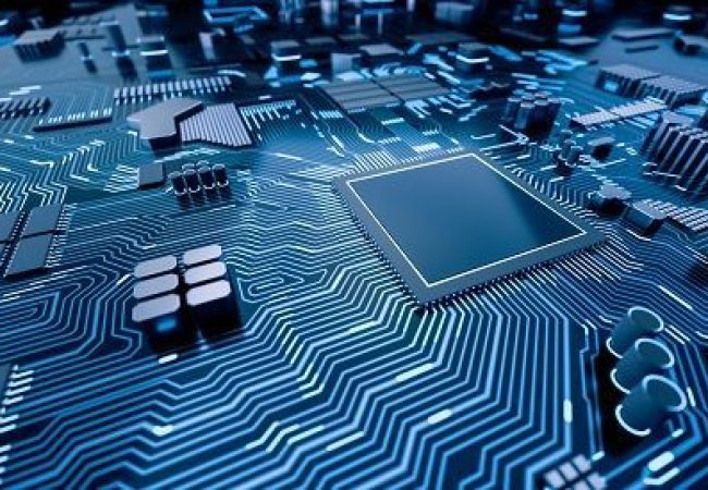 CPU chip on Motherboard - abstract 3D render of a processor computer chip on a cicuit board with microchips and other computer parts